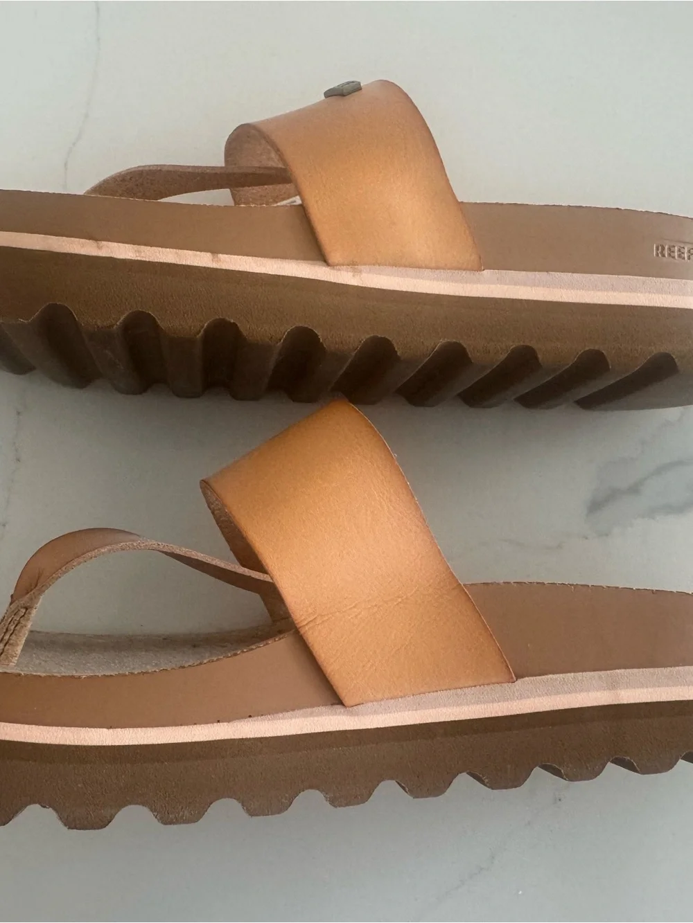 Reef Tan Leather platform Cork Footbed Thong Sandals